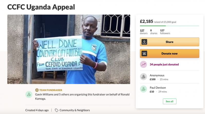 Coventry City Fans have already raised nearly $3000 for Ronald Kamoga.