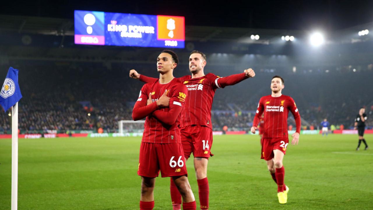 Trent Alexander-Arnold celebrates his goal against Leicester City
