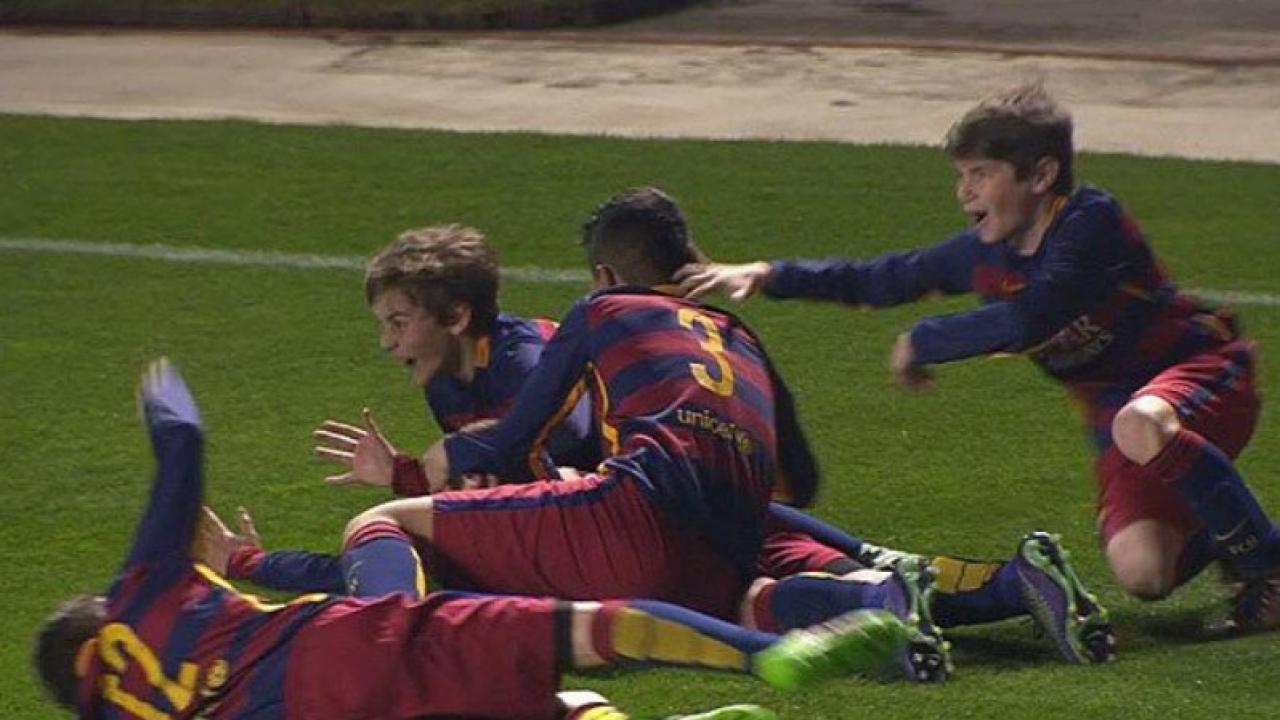Barcelona academy kids celebrate freekick goal