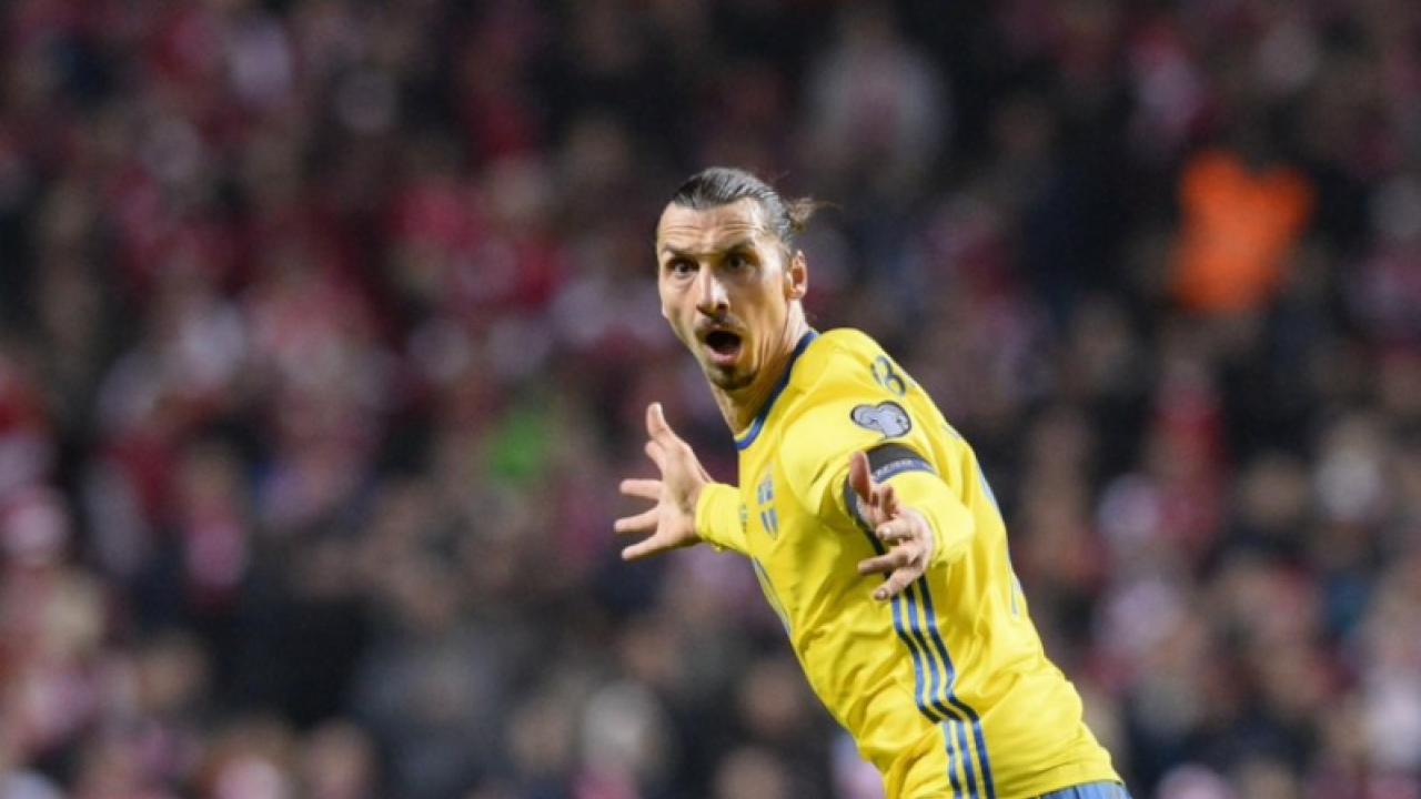 Zlatan Ibrahimovic celebrates his second goal vs Demark 