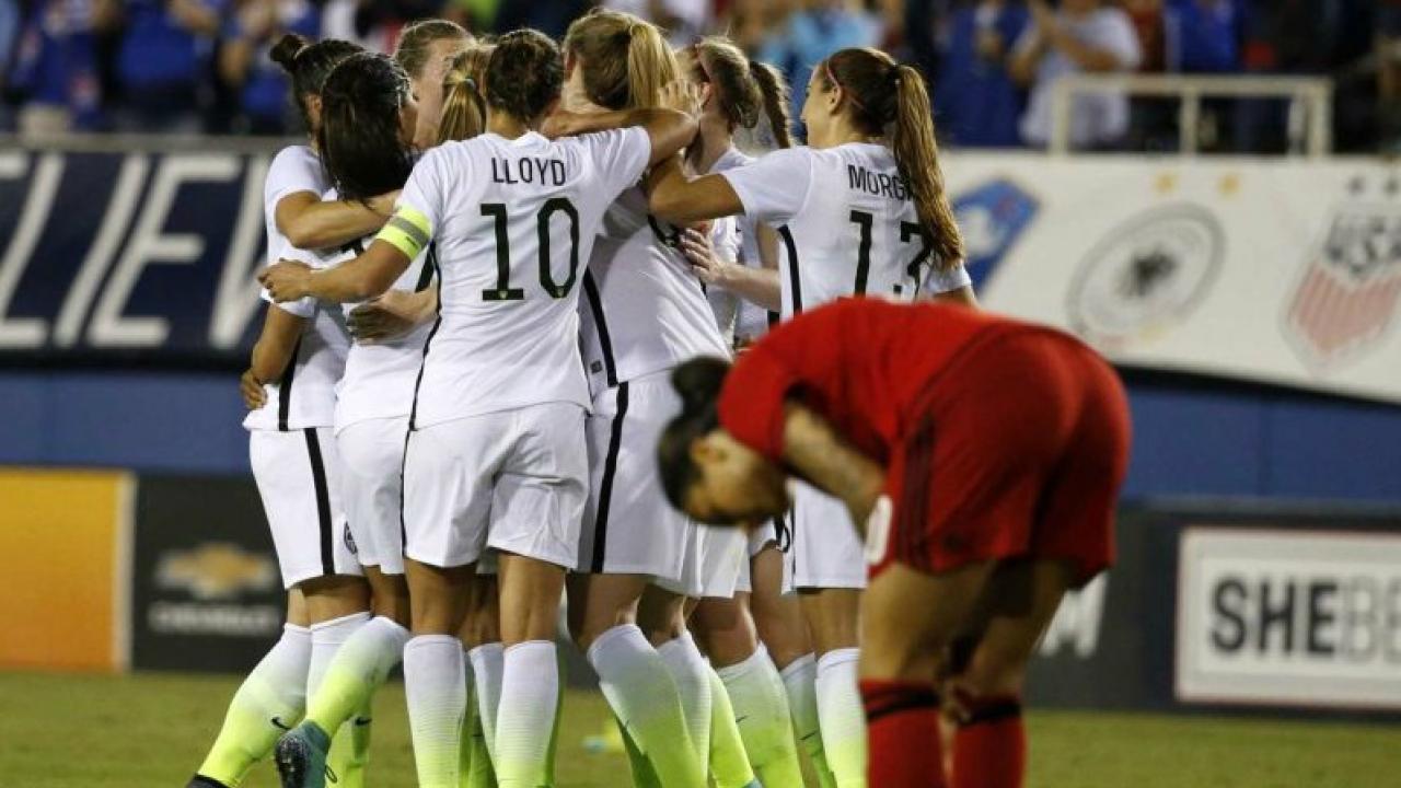 Alex Morgan celebrates her stunning equalizer in the SheBelieves Cup. 