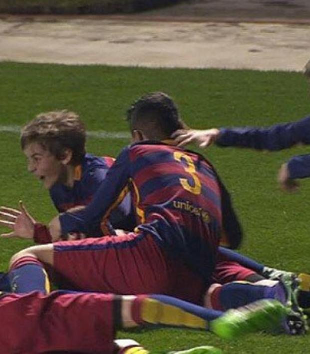 Barcelona academy kids celebrate freekick goal