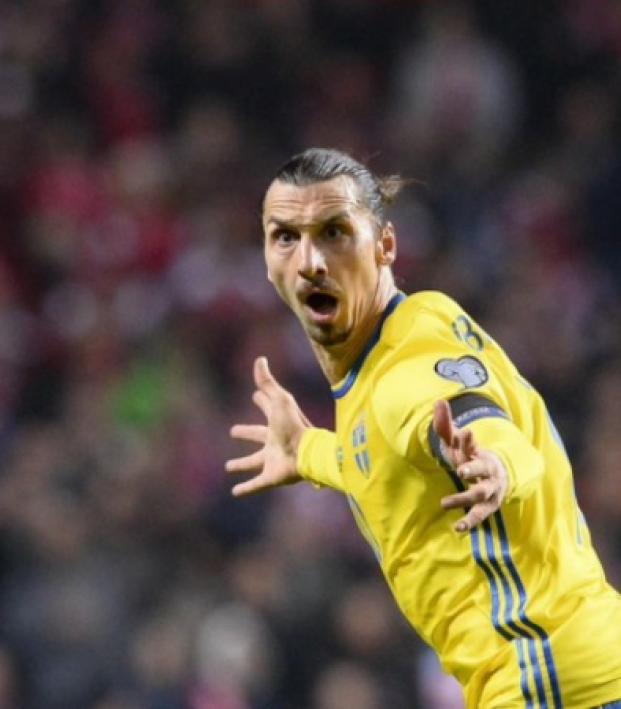 Zlatan Ibrahimovic celebrates his second goal vs Demark 