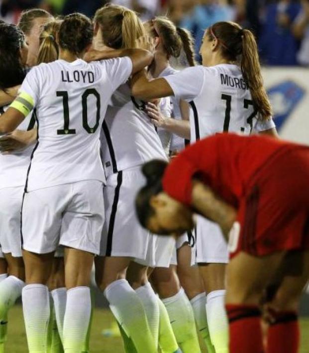 Alex Morgan celebrates her stunning equalizer in the SheBelieves Cup. 