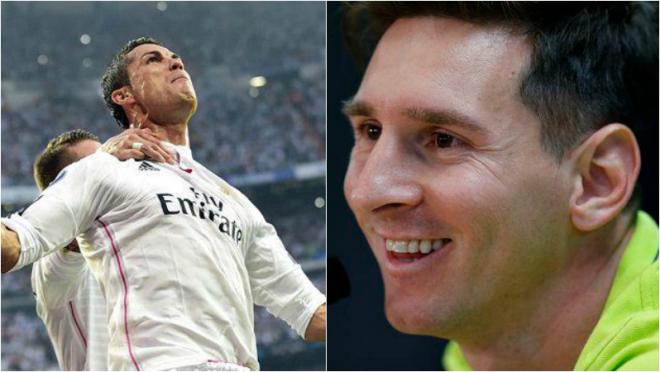 Ronaldo is shown yelling in celebration. Messi is shown smiling.