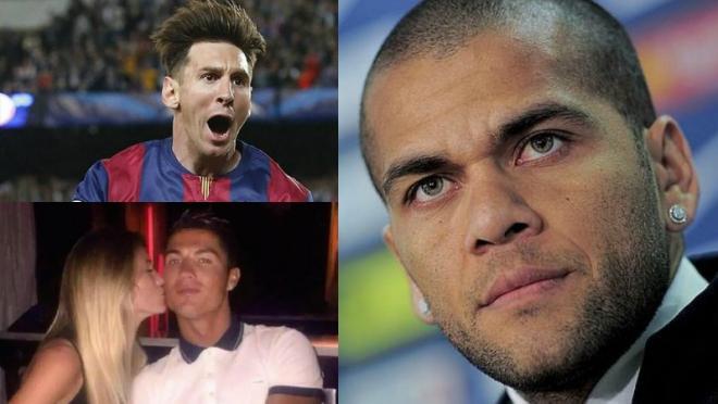 MEssi celebrating. ROnaldo getting kissed by a girl. Alves looking serious. 