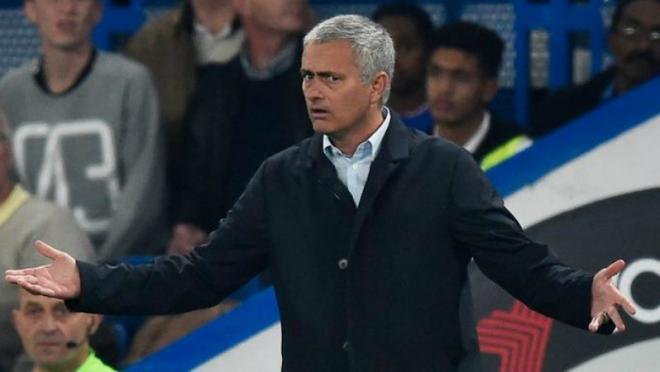 Jose Mourinho with his arms raised in accusatory confusion. 