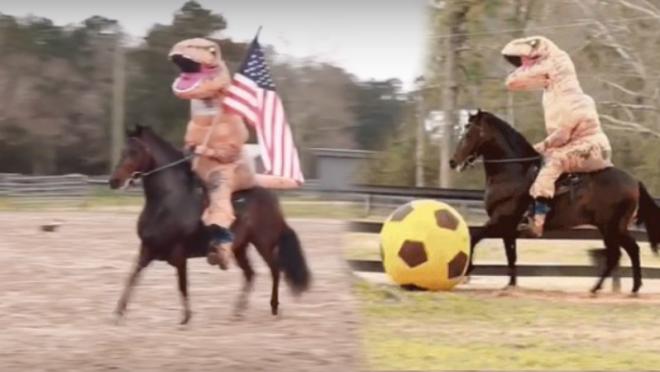 T-Rex riding horse kicking soccer ball