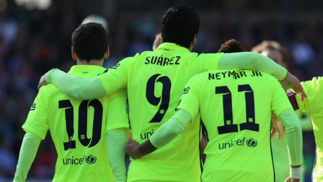 Neymar, Suarez, Messi go arm in arm.