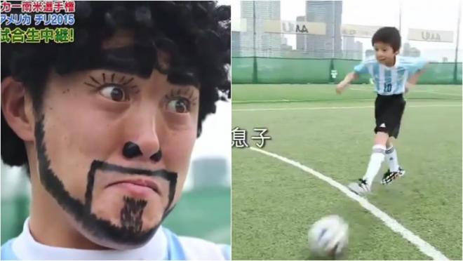 A man in make-up and a wig attempts to look like Diego Maradoa, and looks ridiculous in doing so. 