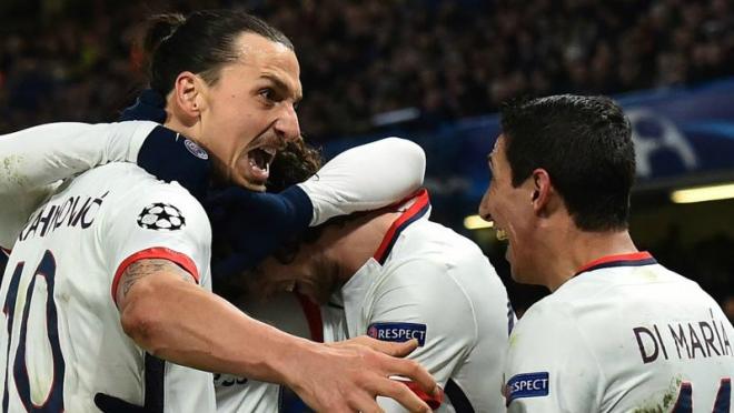 Zlatan Ibrahimovic celebrates his crucial away goal against Chelsea. 