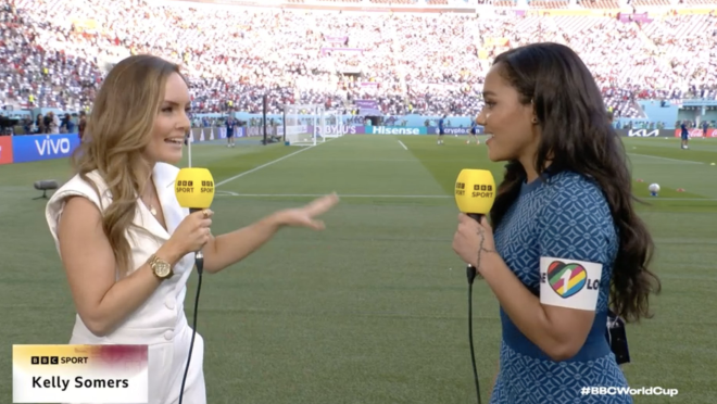 Alex Scott wears One Love armband during BBC broadcast