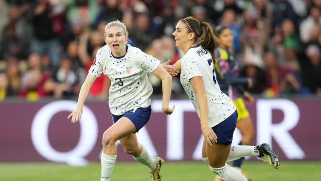 Jenna Nighswonger celebrates her goal against Colombia