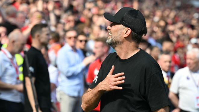 Jürgen Klopp reacts to fans at Anfield in Liverpool-Wolves