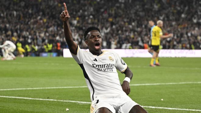 Vinicius Junior celebrates after scoring his team's second goal during the UEFA Champions League final against Borussia Dortmund 