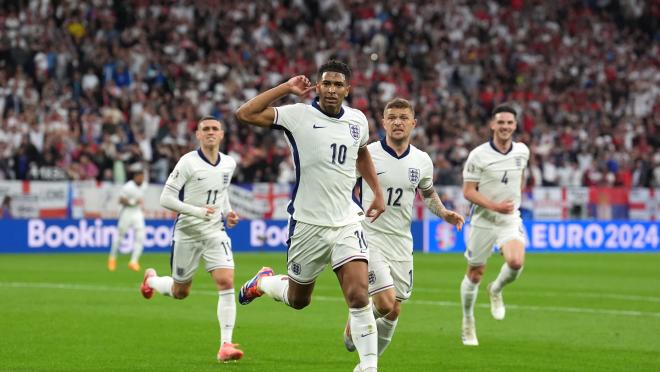  Jude Bellingham celebrates scoring against Serbia during the UEFA Euro 2024