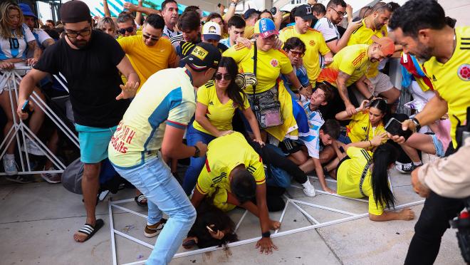 Fans of Colombia and Argentina try to pass the gate amid disturbances the CONMEBOL Copa America 2024 Final match between Argentina and Colombia at Hard Rock Stadium