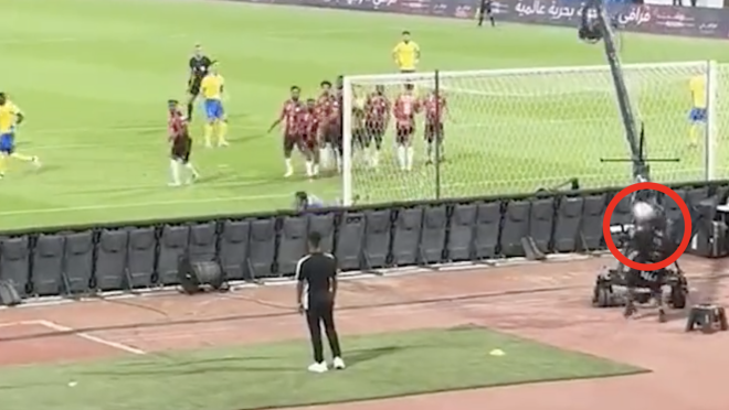 Ronaldo free kick hits cameraman