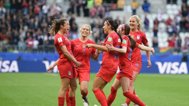 USWNT celebrates goal in 2019 World Cup