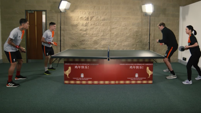 Phil Coutinho and Roberto Firmino take on Jurgen Klopp and Lie Haoyu in ping pong. 