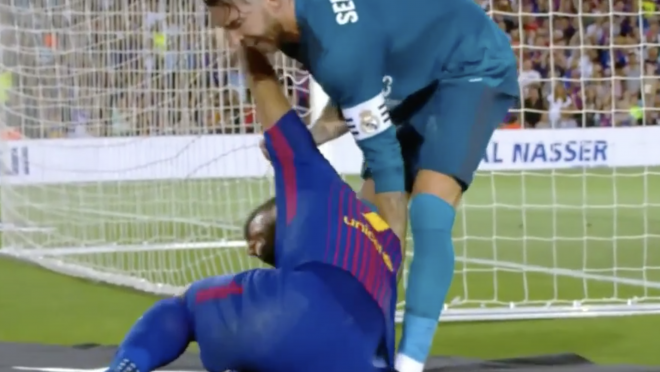 Sergio Ramos Helping Luis Suarez Up After Horrid Dive