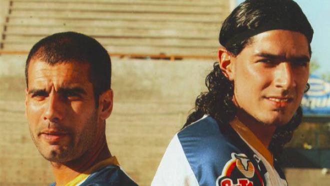 Pep Guardiola standing with Dorados teammate